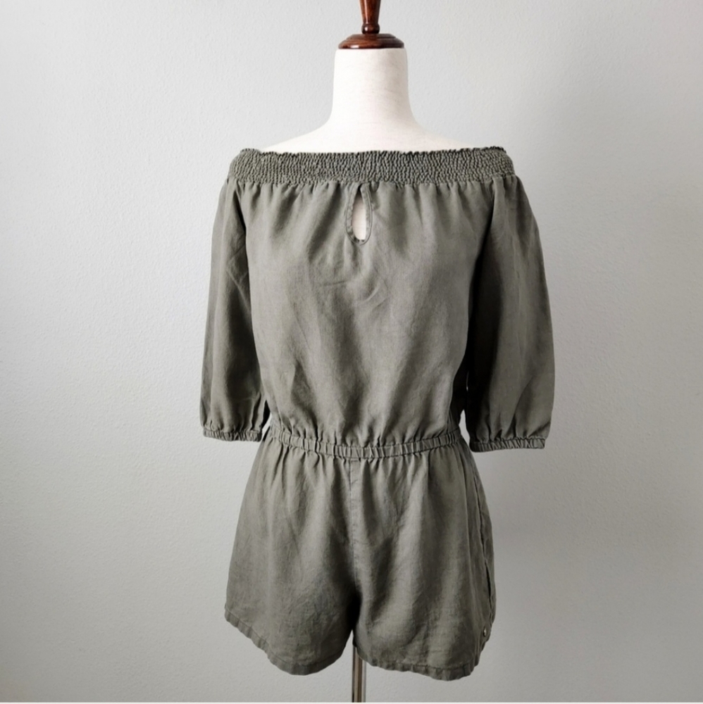 Guess Linen 1 Piece Boho Shorts Romper, Elastic Neckline & Waist, Size Small